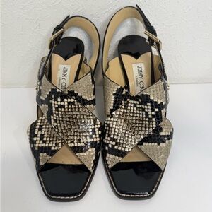 Jimmy Choo Aix 85mm Snake-Embossed Patent Block Heel Sandals Size 38